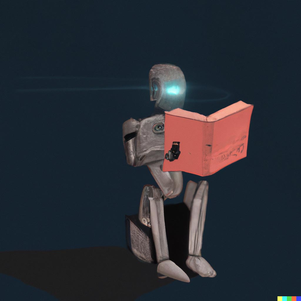 DALL·E prompt: A robot reading a book from Blade Runner 2049